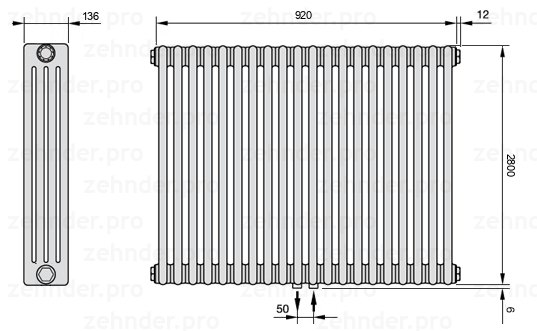 Схема (чертеж) Радиатор Zehnder Charleston 4280/20 №5410 Белый глянцевый RAL 9016